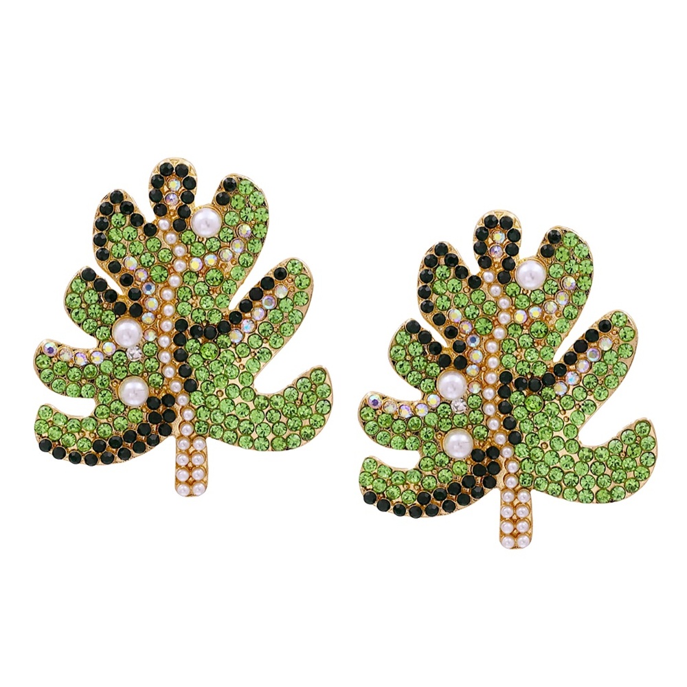 Rhinestone Leaf Statement Earring, Summer Tropical Vacation